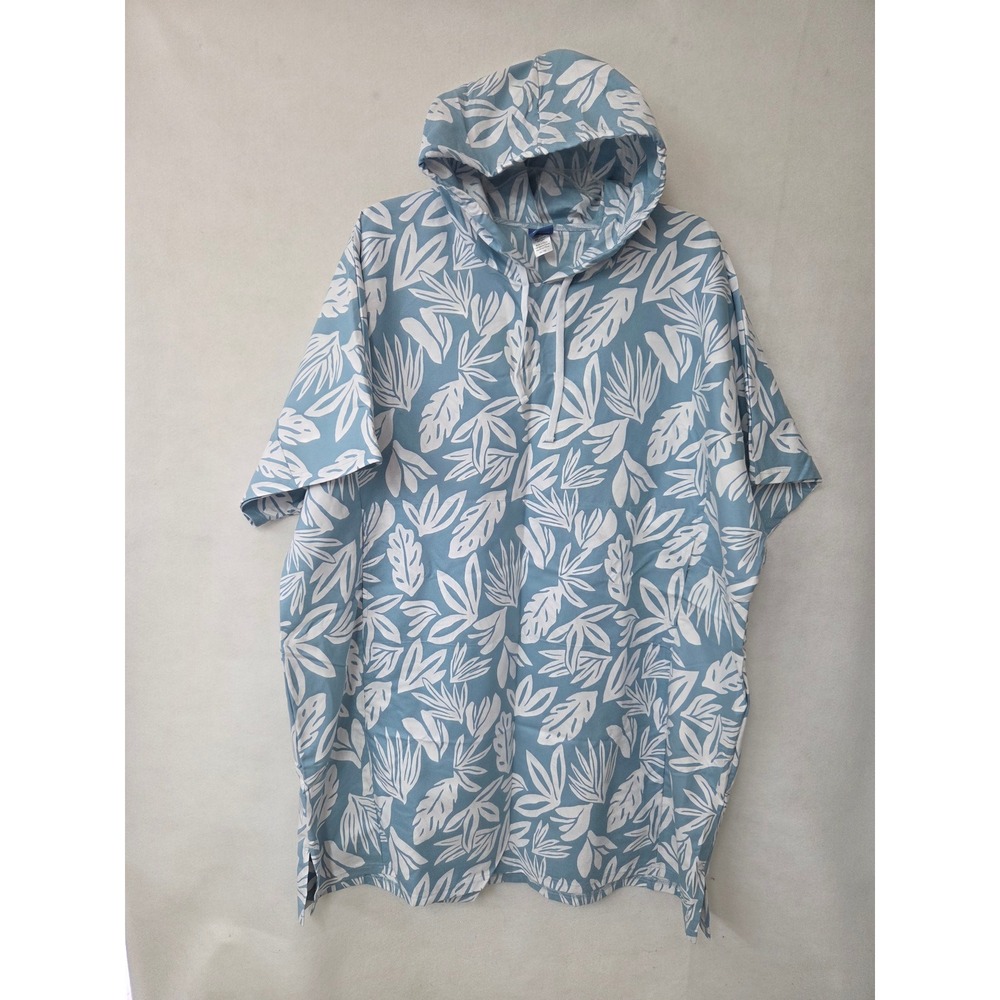 RipSkirt Hawaii Beach Cozy Hooded Poncho Cover Up Blue Tropical Palm Leaf OS